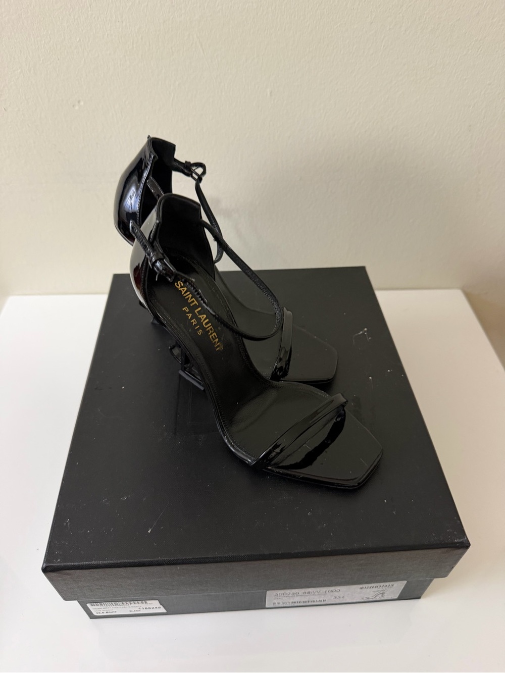 Saint Laurent Black Patent YSL Sculptural Heel Sandals - Picture 5 of 10
